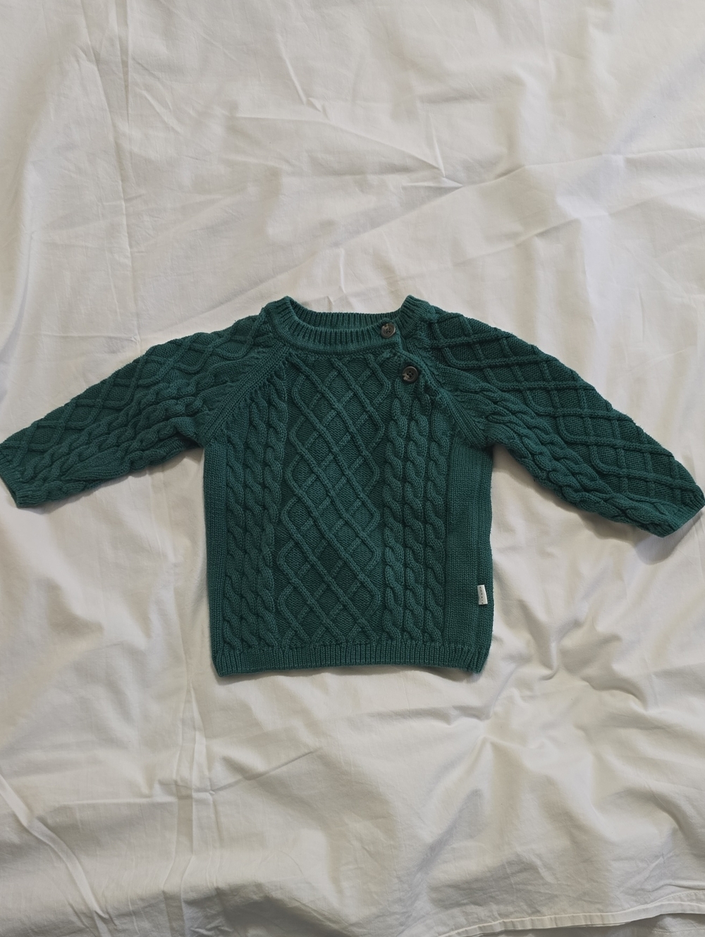 PETIT LEM Toddler Teal Cable Knit Sweater with Shoulder Buttons